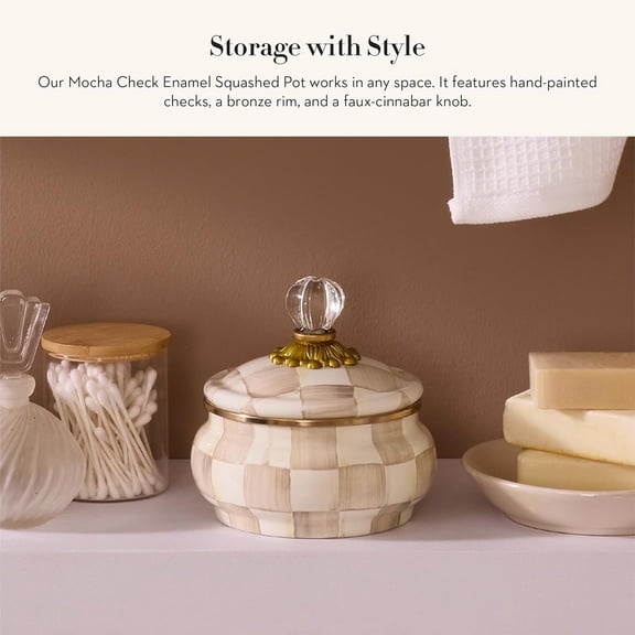 Enamel Squashed Pot, Cute Enameled Container with Lid, 20 Ounces, Brown-and-White Mocha Check