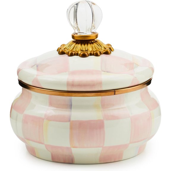 Enamel Squashed Pot, Cute Enameled Container with Lid, 20 Ounces, -and-White Rosy Check