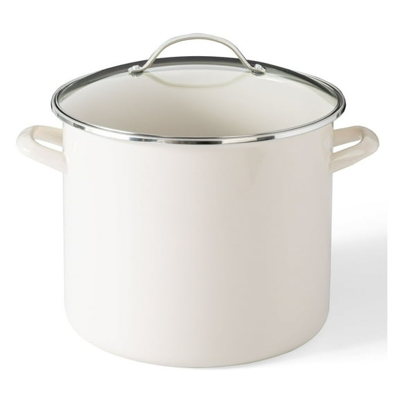 Enamel Stock Pot 12 Quart, Oven Safe with Lid - Linen - Induction Compatible Stockpot for Soups, Stews, Pasta - Heavy Duty Cookware