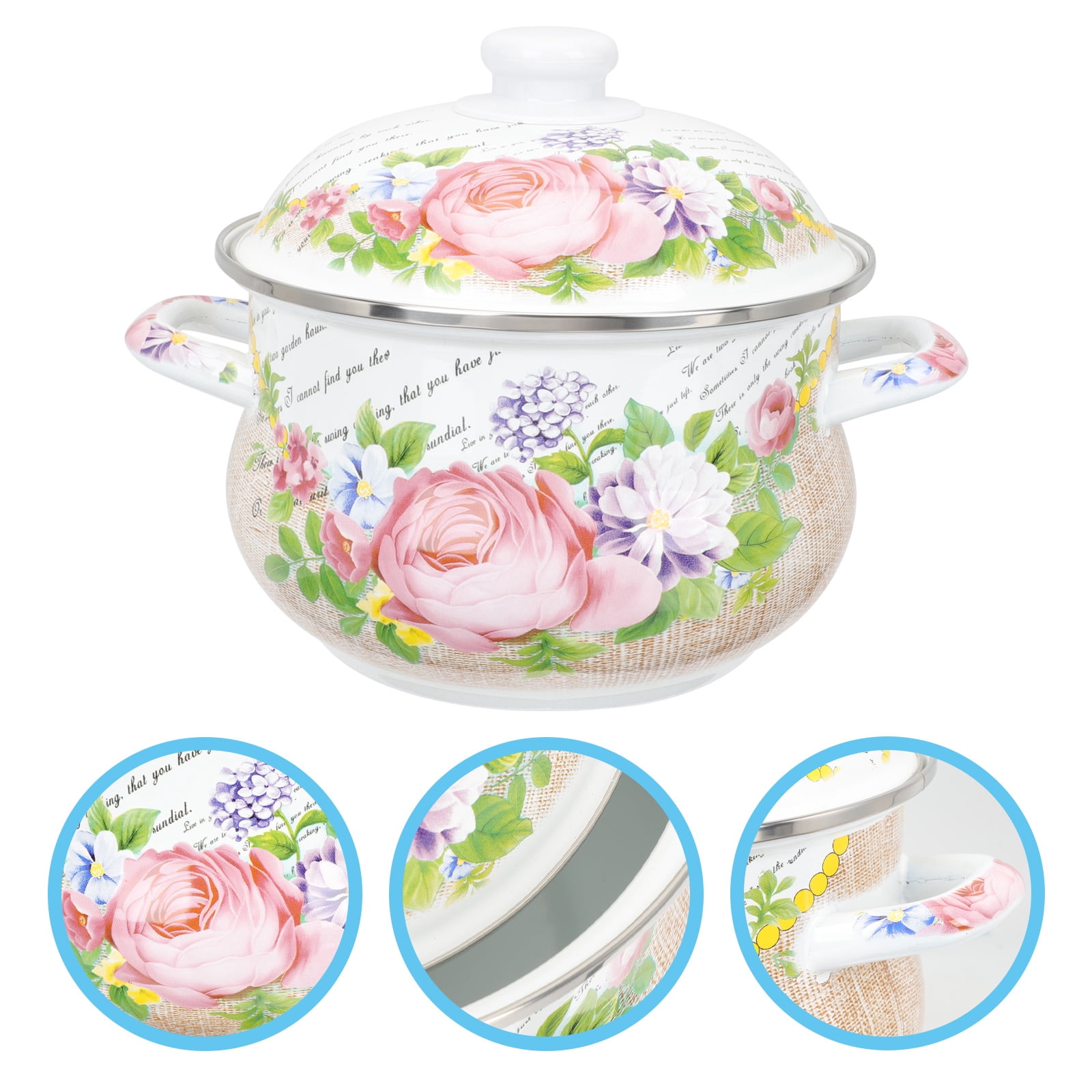 Enamel Stockpot with Lid, 1.8 Quart Retro Cooking Pot, Vintage Floral Stew Bean Simmer Pot with Handle, Kitchen Soup Pot, Safe for Induction Cookers, Gas Stove