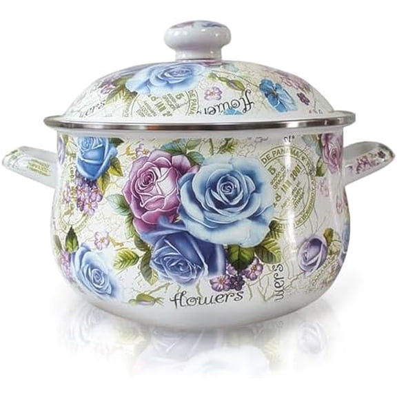 Enamel Stockpot with Lid, 4.6 Quart Retro Cooking Pot, Vintage Floral Stew Bean Simmer Pot with Handle, Kitchen Soup Pot$$Home Decor, Kitchen, & Other