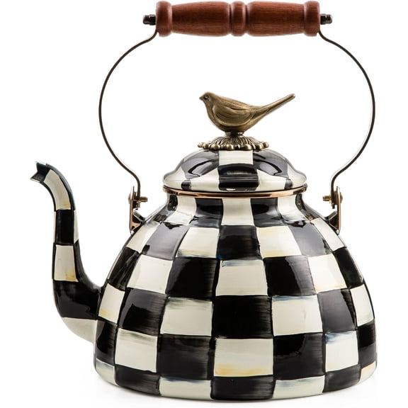 Enamel Tea Kettle, Cute Kitchen Kettle for Stovetop, 3-Quart Capacity, Black-and-White Courtly Check with Bird Topper