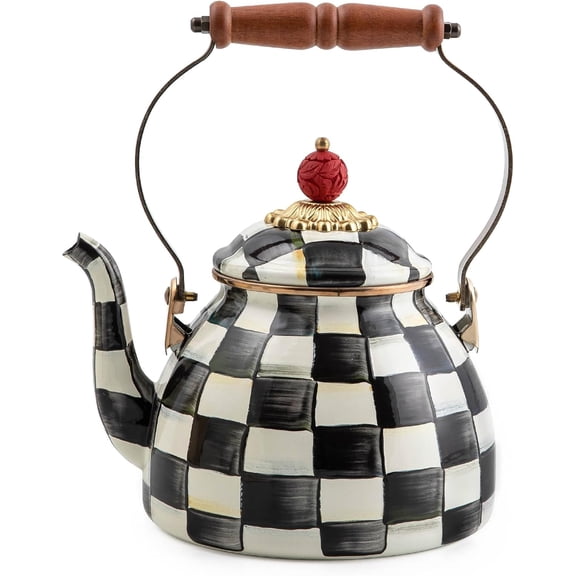 Enamel Tea Kettle, Stylish Tea Kettle for Stovetop, Black-and-White Courtly Check, 2 Quarts