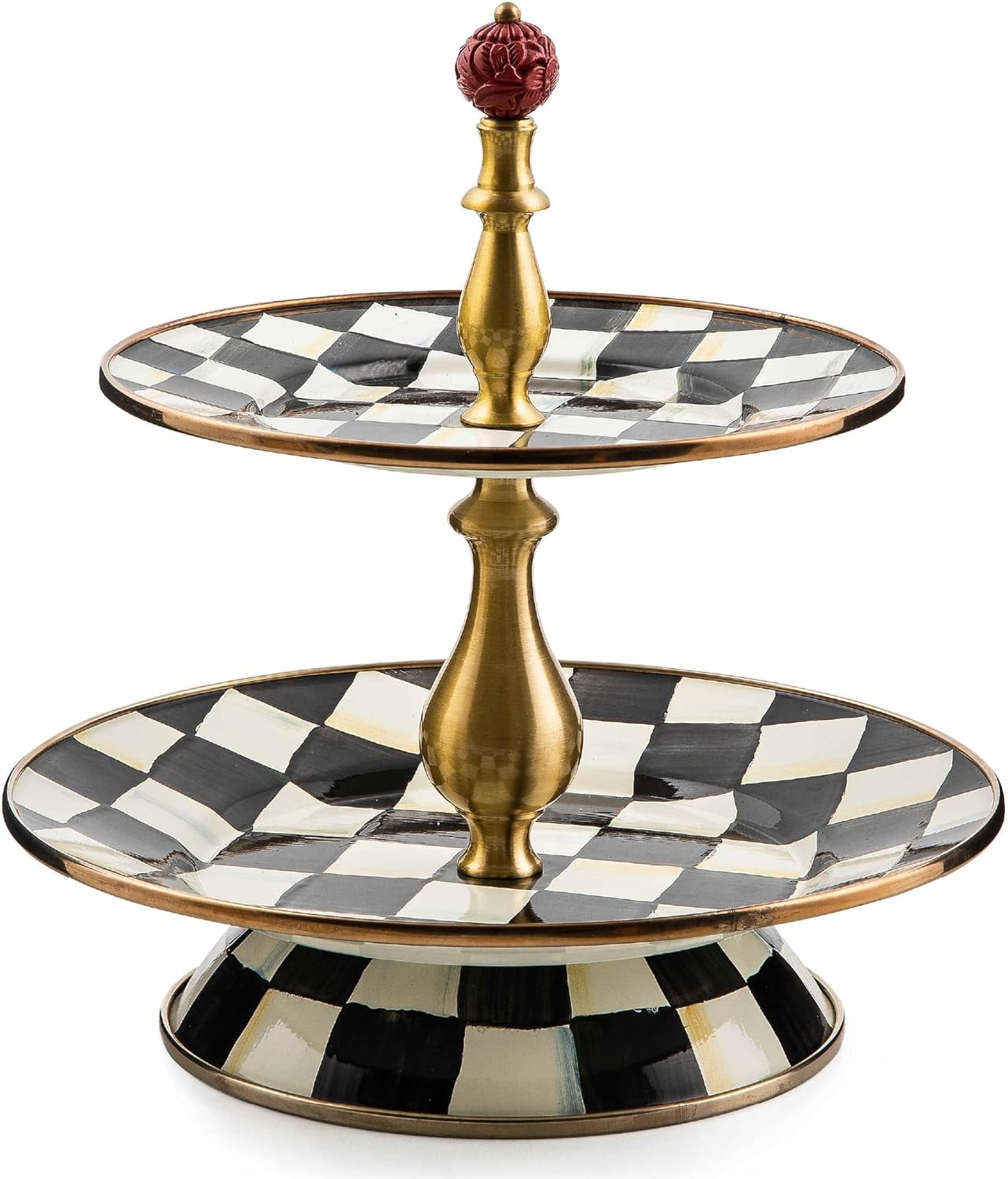 Elegant Hand-Painted Black and White Checkered Two-Tier Sweet Stand