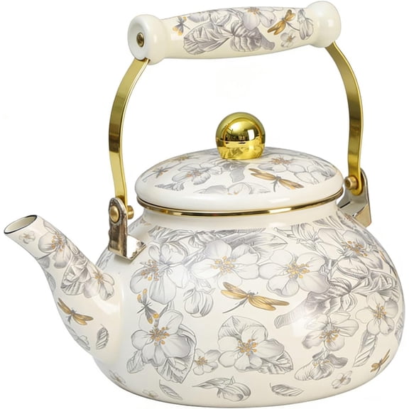 Enamel Water Kettle for Stove Top, Vintage Floral Tea Kettle Stovetop with Heat-Resistant Ergonomic Handle for Boiling Water Coffee or Milkfor Induction, Gas Stove(Q)
