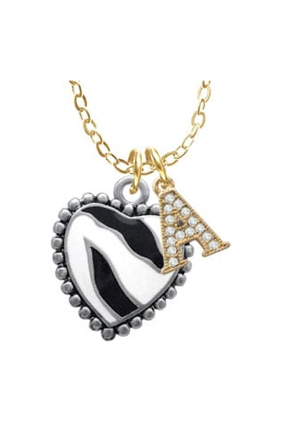 Enamel Zebra Print Heart - A - Gold Tone Crystal Initial Sophia Necklace, 18"+1"