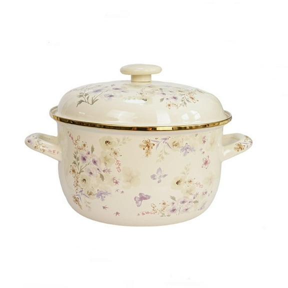 Enamel soup pot with lid, heat-resistant, double handle, watercolor art retro flower, for soup, rice dishes, kitchen helper