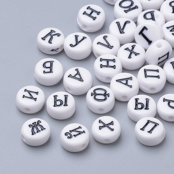 Enamel style Acrylic Beads Flat Round with Russian Alphabet Black 7x4mm Hole: 1mm about 3700pcs/500g