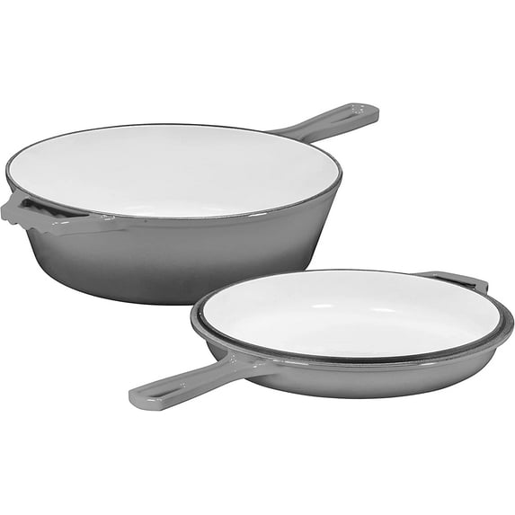 Enameled 2-In-1 Cast Iron Multi-Cooker Heavy Duty Skillet and Lid Set, Versatile Non
