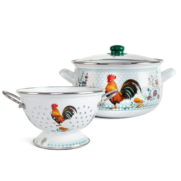 Enameled Aluminum Soup Pot 5.05-qt. (4.8 L) Golden Rooster Enamel Deep Stock Pot with Glass Lid and Colander Set Deep Casserole Cooking Pot Enamel Colander
