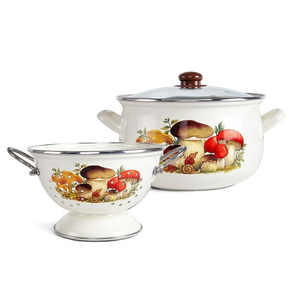 Enameled Aluminum Soup Pot 5.05-qt. (4.8 L) Mushrooms Enamel Pasta Set Deep Casserole Cooking Pot with Glass Lid Enamel Colander 9.25 x 9.25 x 5.9"