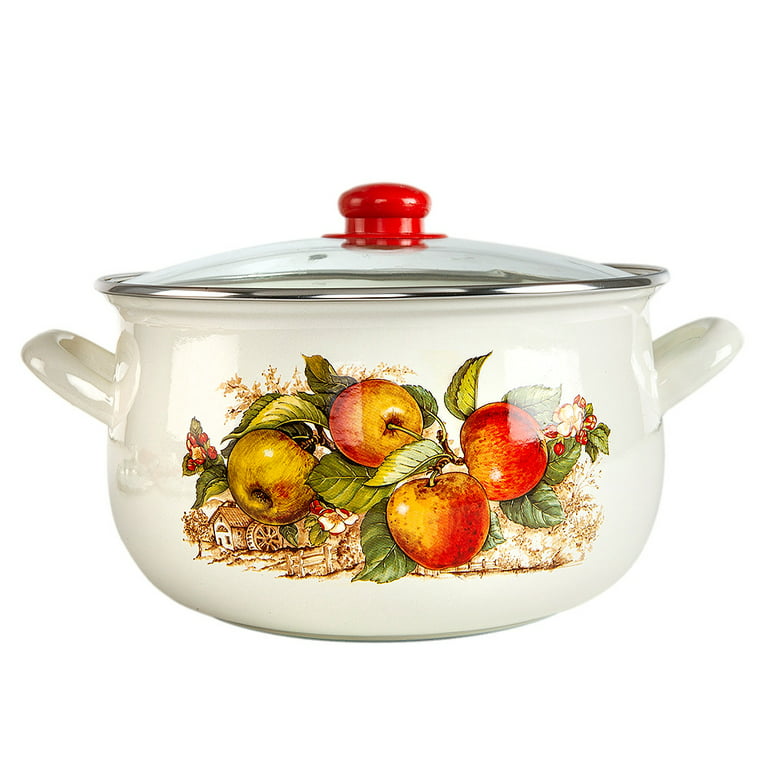 Enameled Aluminum Soup Pot Apples Belly Deep Casserole Cooking Pot with  Glass Lid Enameled Camping Cookware Camping Stockpot for Cooking (2.2-qt.  (2.1 L)) 