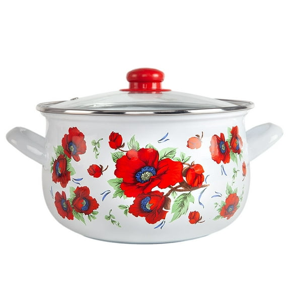 Enameled Aluminum Soup Pot Poppies Belly Deep Casserole Cooking Pot with Glass Lid Enameled Camping Cookware Camping Stockpot for Cooking (2.2-qt. (2.1 L))