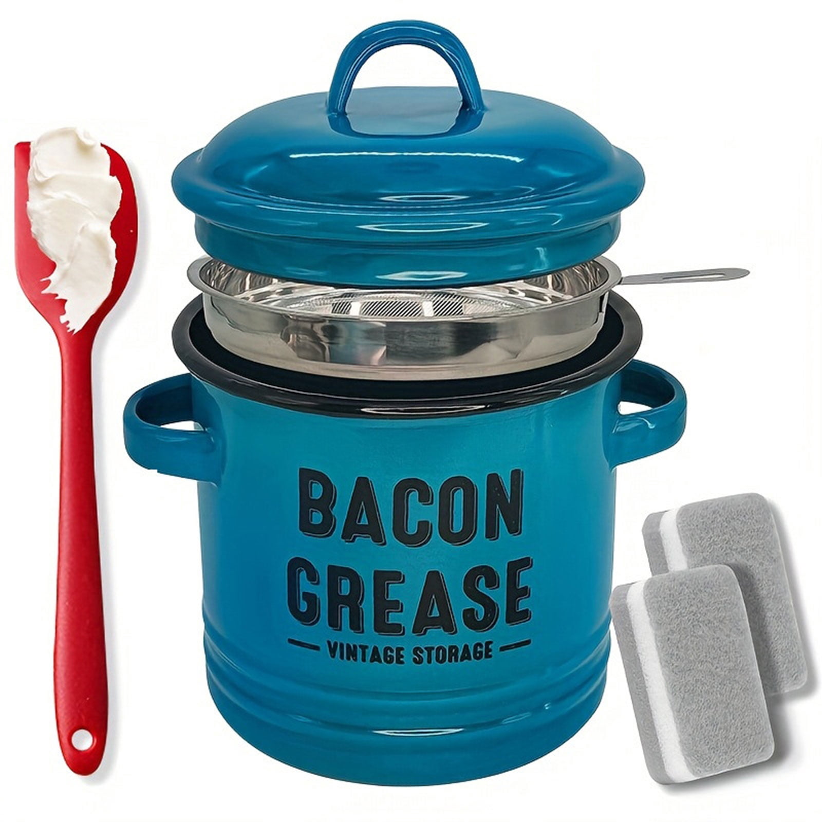 Enameled Bacons Grease Storage Container Jar with Strainer And Silicone ...