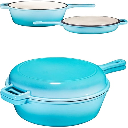 Enameled Blue 2-in-1 Cast Iron Multi-Cooker Heavy Duty Skillet and Lid Set