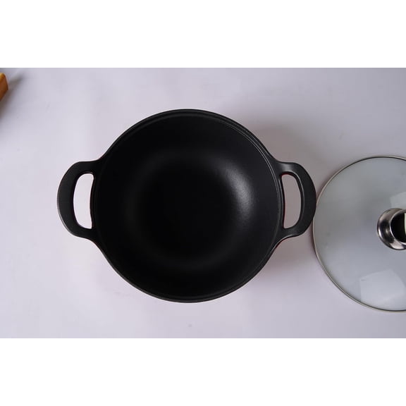 Enameled Cast Iron Balti Dish Pot (Red) with Glass Lid, 3 Quart Medium Casserole Dish, Nonstick Handi Kadai Indian, Asian Wok, Dutch Oven