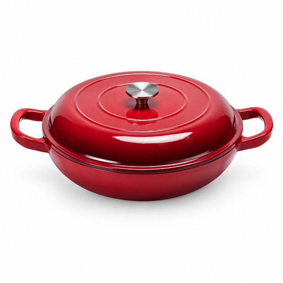 Enameled Cast Iron Braiser Dutch Oven with Lid, 3.5QT, Red, for Sauting and Slow Cooking