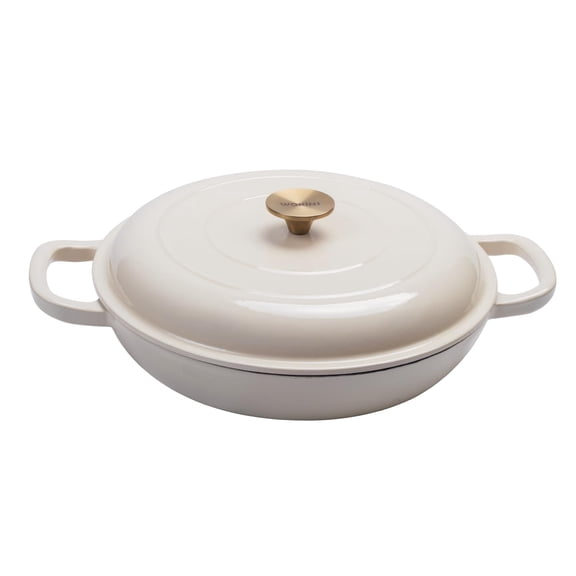 Enameled Cast Iron Braiser Pan With Lid, 3.5QT, Cream Finish, Dual