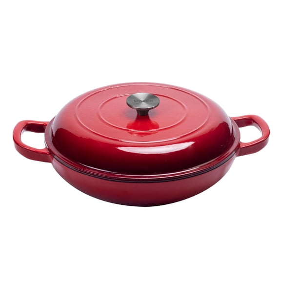 Enameled Cast Iron Braiser Pan With Lid, 3.5QT, Red Gloss Finish, Dual
