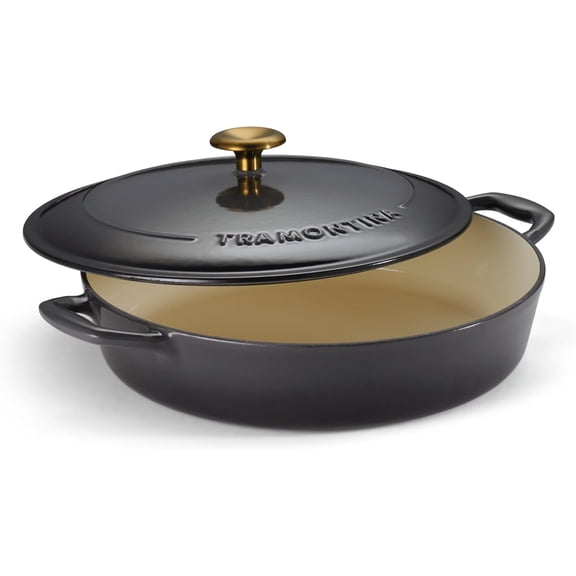 Enameled Cast Iron Braiser Pan with Lid, 4-quart, Smoke with Gold Knob