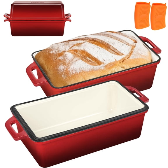 Enameled Cast Iron Bread Loaf Pan With Lid 9x5 Sourdough Baking Pans For Homemade Cake Meatloaf Even Heating 2-piece Set Red