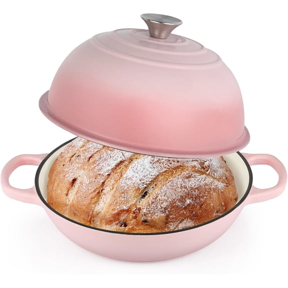 Enameled Cast Iron Bread Oven Dutch Oven Pot with Lid 10" Bread Dutch Oven for Sourdough Bread Baking 6 Quarts Bread Pan with Dome Lid Non-stick Cookware for Homemade Bread Pink