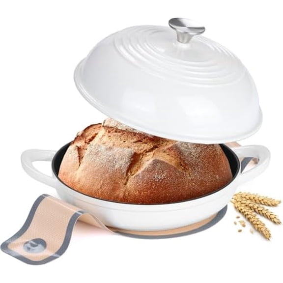 Enameled Cast Iron Bread Oven,  Dutch Oven for Sourdough Bread Baking, Cast Iron Dutch Ovens Pot with Lid & Non Stick Silicne Baking Mat for Cooking, 6 Quart, White