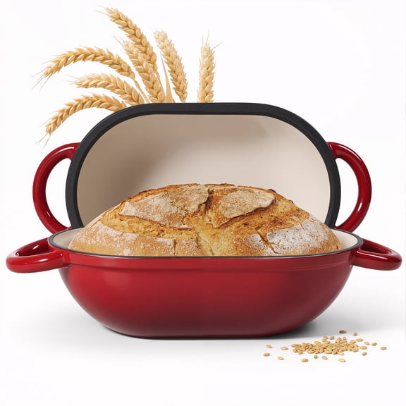 Enameled Cast Iron Bread Oven Pot with Lid, 5 Quart Oval Baking Pan for Sourdough & Crispy Crusts, Versatile Cookware for Roasting & Braising, Red