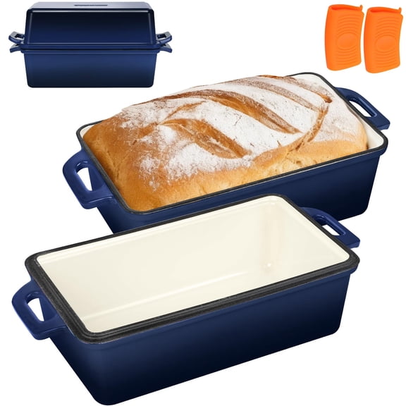 Enameled Cast Iron Bread Pan Navy Blue 2-in-1 9x5 Loaf Pans for Homemade Sourdough Cake Meatloaf