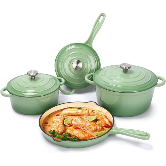 Enameled Cast Iron Cookware Set - 7 Piece Set of Dutch Ovens, Sauce Pan, Skillet, 3 Lids, Dutch Oven Set, Ceramic Coated Cast Iron, Heavy Duty, Gas/Induction Compatible (Pistachio Green)