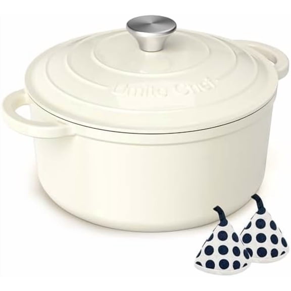 Enameled Cast Iron Dutch Oven -  5QT Pot with Lid & Cotton Potholders - Heavy-Duty Cookware for Bread Baking, Braising, Stews, Roasting(Cream White)