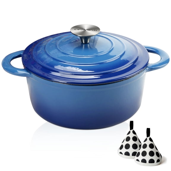 Enameled Cast Iron Dutch Oven with Lid, 3 Quart Heavy Duty Cookware Pot with Dual Handles for Bread Baking, Braising, Stews, Roasting and Oven Safe, Blue
