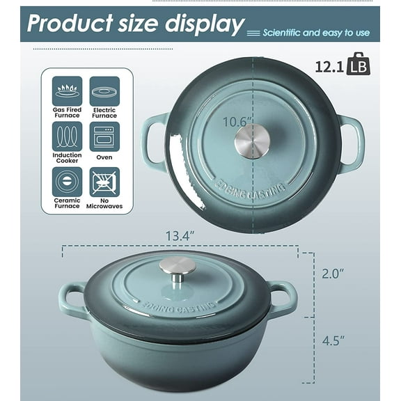 Enameled Cast Iron Dutch Oven Pot with Lid for Sourdough Bread Baking, 5 Quart, Slateblue