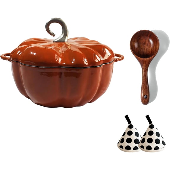 Enameled Cast Iron Dutch Oven, Pumpkin Pot with Lid, 4-Quart Cookware Set, Serves 3-5, Halloween and Thanksgiving Decor Gift, Heavy-Duty Cookware for Braising, Stews, Roasting, Bread Baking, Orange