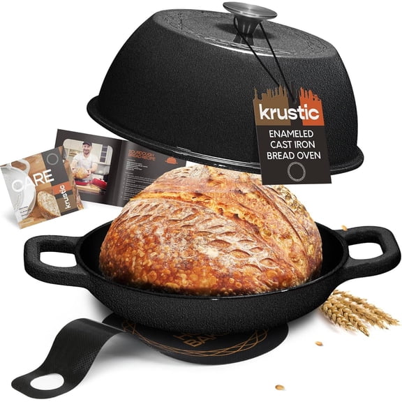 Enameled Cast Iron Dutch Oven for Sourdough Bread Baking | 6 Quart Round Pot with Lid | 10 Inch Ceramic Enamel Thick Coated Cookware Set with Non Stick Baking Mat for Cooking | 6 Qt |Black