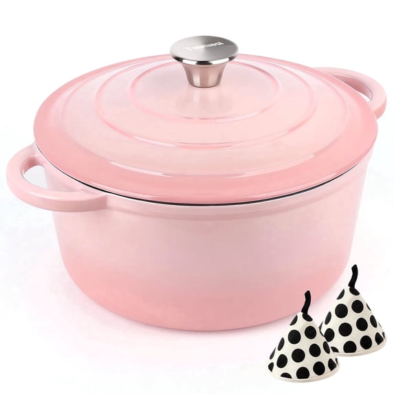 Enameled Cast Iron Dutch Oven, TAIMASI 5QT Dutch Oven Pot with Lid & Cotton Potholders, Heavy-Duty Cookware for Braising, Stews, Roasting, Bread Baking, All Stovetop Compatible (Pink)