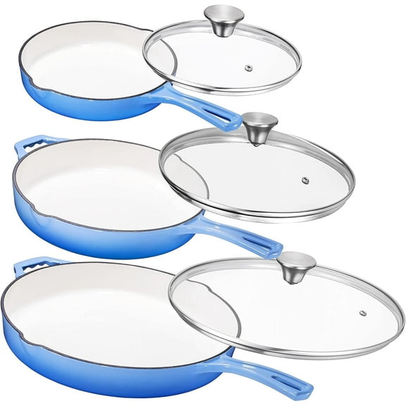 Enameled Cast Iron Frying Pan Set - 8" 10" 12" Blue Enamel Nonstick Skillets with Tempered Glass Lid - Oven Safe Egg and Grill Pan Set for Cooking, Searing, and Frying