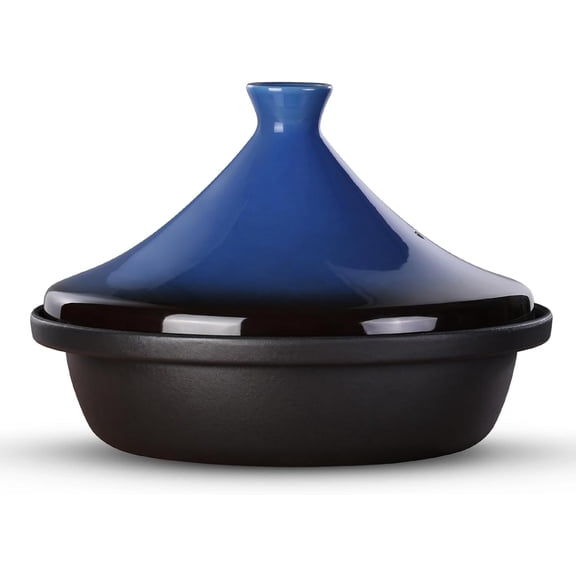 Enameled Cast Iron Moroccan Tagine Cooking Pot Slow Cooker Classic Kitchen Cookware Tajine with Ceramic Cone-Shaped Closed Lid 3.3 QT Blue