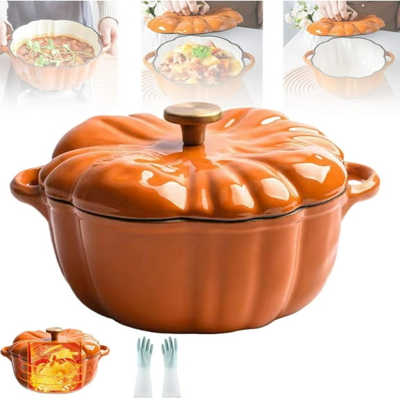 Enameled Cast Iron Pumpkin Dutch Oven, Cute Halloween Decor Pumpkin Cookware, Pumpkins Dutch Oven Pot With Lid, Oven & Stove Safe, Pumpkins Casserole for Fall Thanksgiving Decor