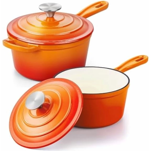 Enameled Cast Iron Sauce Pan,  1 Qt & 2 Qt Saucepan Set, Cast Iron Dutch Oven Kitchen Small Pots for All Cooktops Cooking Pasta, Milk, Oatmeal - Up to 500°F & Nonstick, Orange