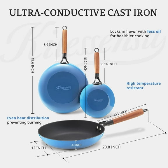 Enameled Cast Iron Skillets - Non Stick Frying Pans Set with Wooden Handle - 8&10&12 In Cast Iron Pans for Multi-Cooking - Pre Seasoned Cookware Set - Gradual Cobalt Blue