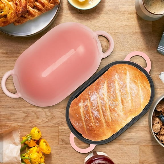 Enameled Cast Iron Sourdough Bread Oven, 5QT Loaf Cast Iron Bread Pan with Lid, Oval Dutch Oven for Homemade Bread Baking (Gradient Pink)