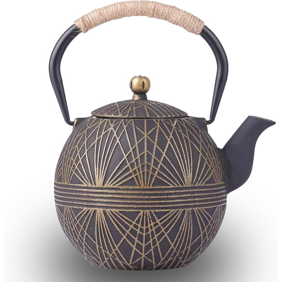 Enameled Cast Iron Teapot 34oz1000ml - Japanese Style Kettle with Removable Stainless Infuser & Ergonomic Handle, Stovetop Safe for Loose Leaf Tea Green and silver (Black Gold)