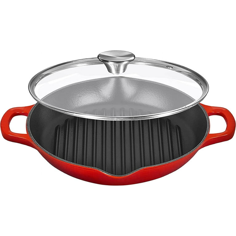 Bruntmor Red Enameled Deep Round Grill Cast Iron Griddle Pan With Glass  Lid, Red : Target