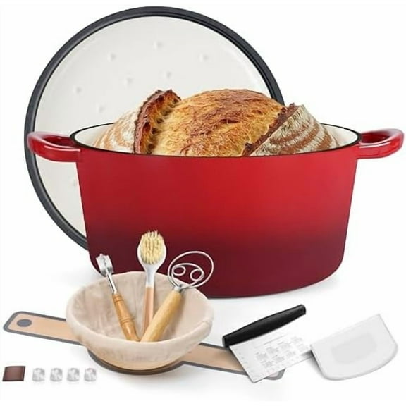Enameled Dutch Oven Pot for Bread Baking, 6QT Enameled Cast Iron Cookware with Self-Basting Lid & Sourdough Bread Baking Supplies, Heavy Duty Casserole Pot & Dual Handles-Red