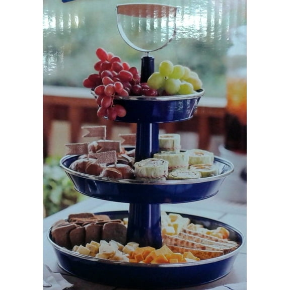 Enameled Galvanized 3 Tier Collapsible Server w/ Wood Handle & Safe Steel (Blue)