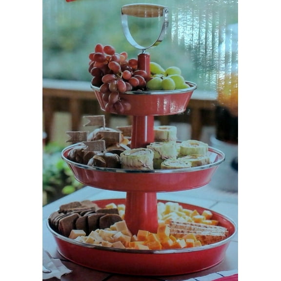 Enameled Galvanized 3 Tier Collapsible Server w/ Wood Handle & Safe Steel (Red)