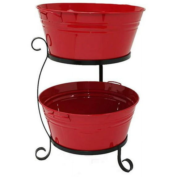 Enameled Galvanized Steel Double Beverage Tub with Iron Stand, Red