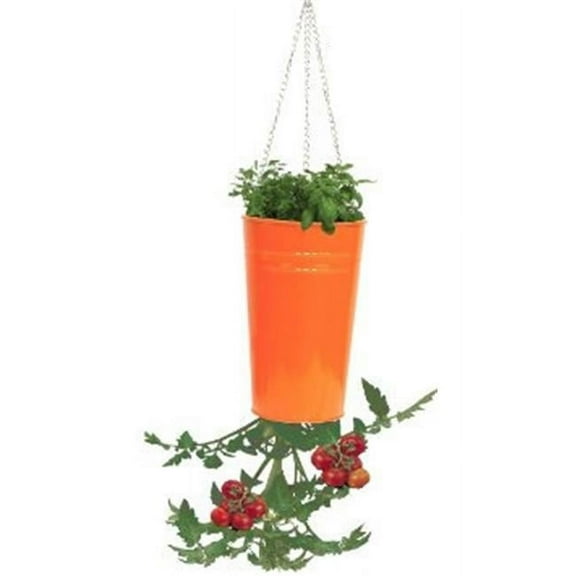 Enameled Galvanized Upsidedown Tomato, Pepper Hanging Planter - Tangerine