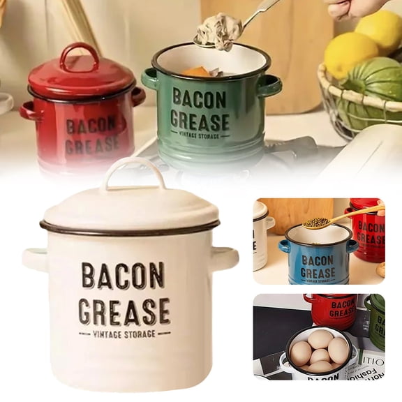 Enameled Oil Crock (Grease Keeper, Lard Pot), White Ceramic Lard Jar Container - Airtight Cooking Oil Storage Solution with Spoon for Spices, Farmhouse Decor & Kitchen Essentials, PRYESS